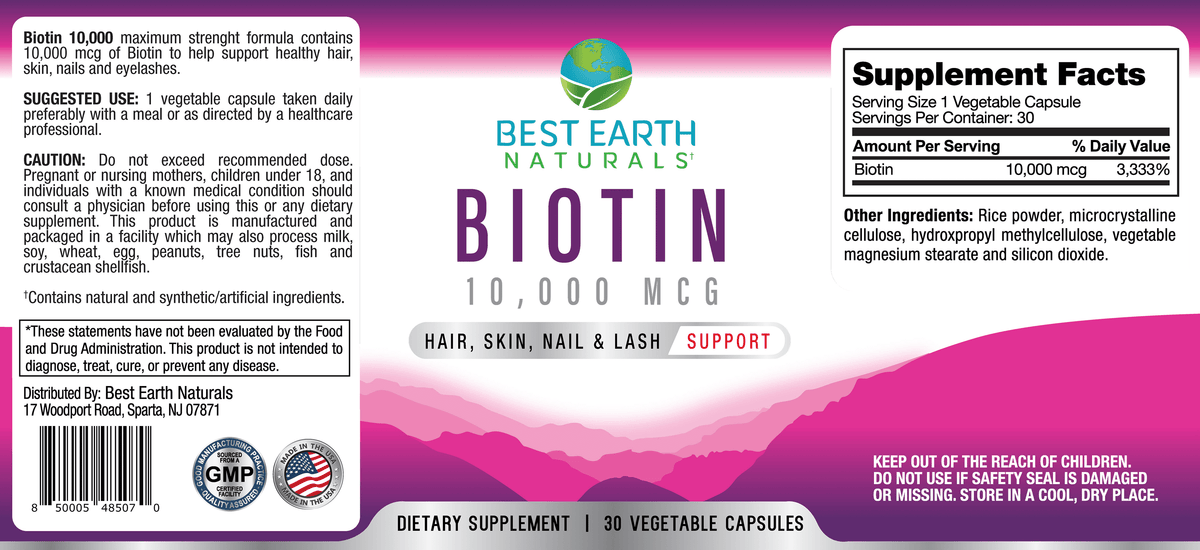 Biotin 10,000 Dietary Supplement Hair Skin Nail and Lash Support 30 Count