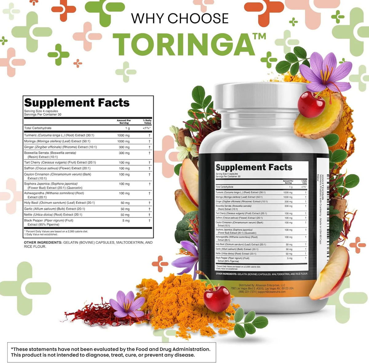 Turmeric Moringa Supplement | Ginger Boswellia Saffron - Supplement for Women and Men with Ceylon Cinnamon, Tart Cherry, Quercetin Garlic Nettle Holy Basil - 1Pack