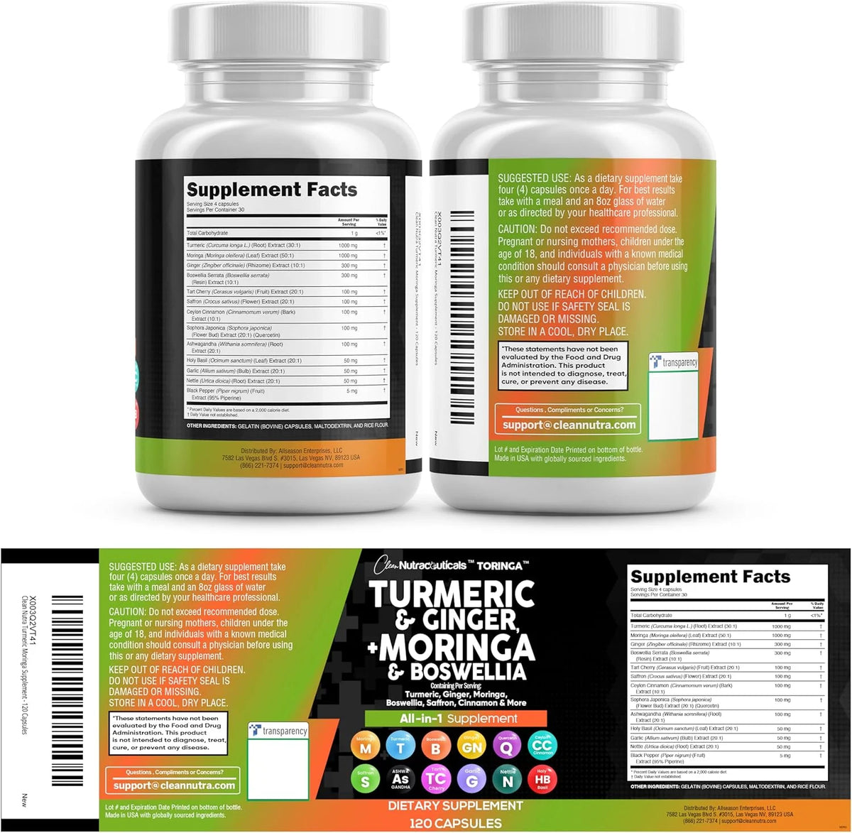 Turmeric Moringa Supplement | Ginger Boswellia Saffron - Supplement for Women and Men with Ceylon Cinnamon, Tart Cherry, Quercetin Garlic Nettle Holy Basil - 1Pack