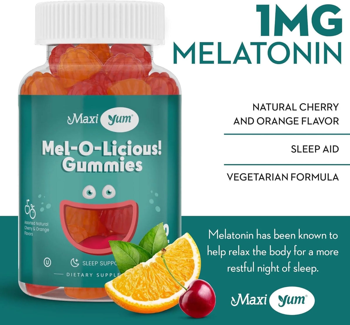 Mel-O-Licious Melatonin Gummies for Kids – 1Mg Sleep Support – 60 Count – Cherry & Orange Flavor